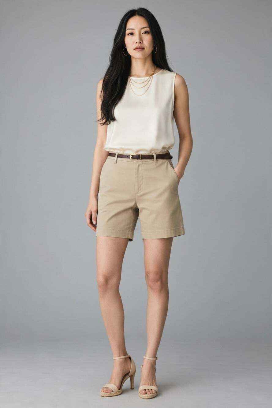 THEORY 6 shorts beige khaki cotton-blend women's Bermuda chino-style walking